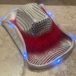 Silver with Red Boa Light Up Cowboy/Cowgirl Hat